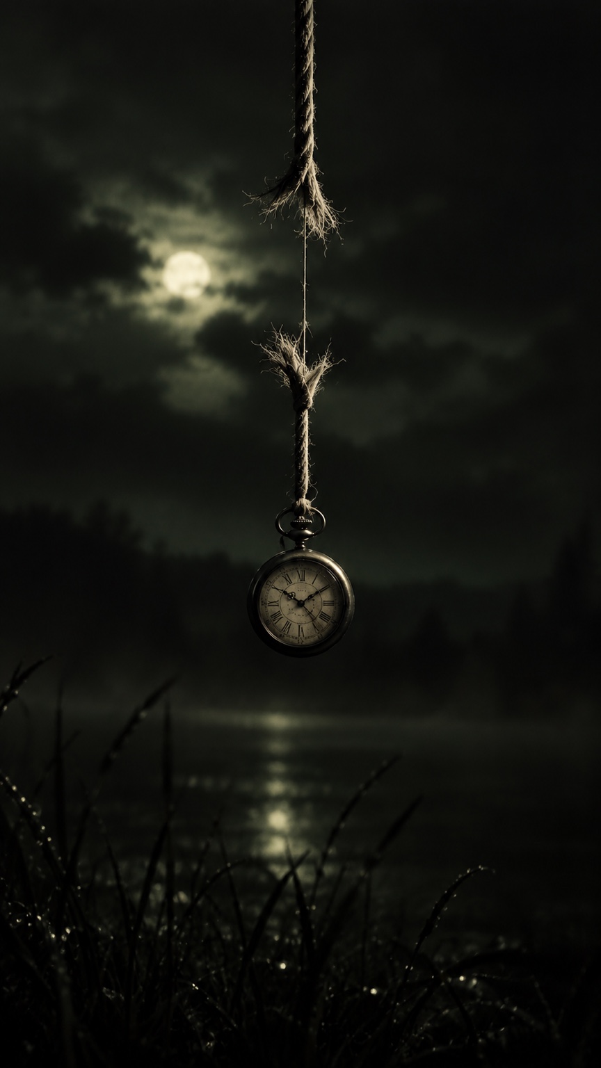 Une montre suspendue à une corde presque rompue, au-dessus des herbes dans la nuit