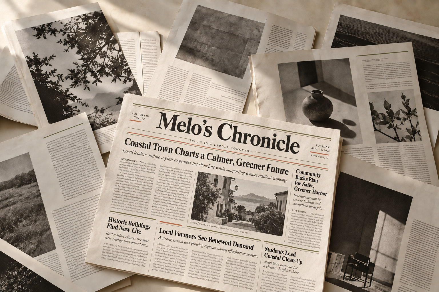 An original Melo’s Chronicles broadsheet among overlapping editorial pages