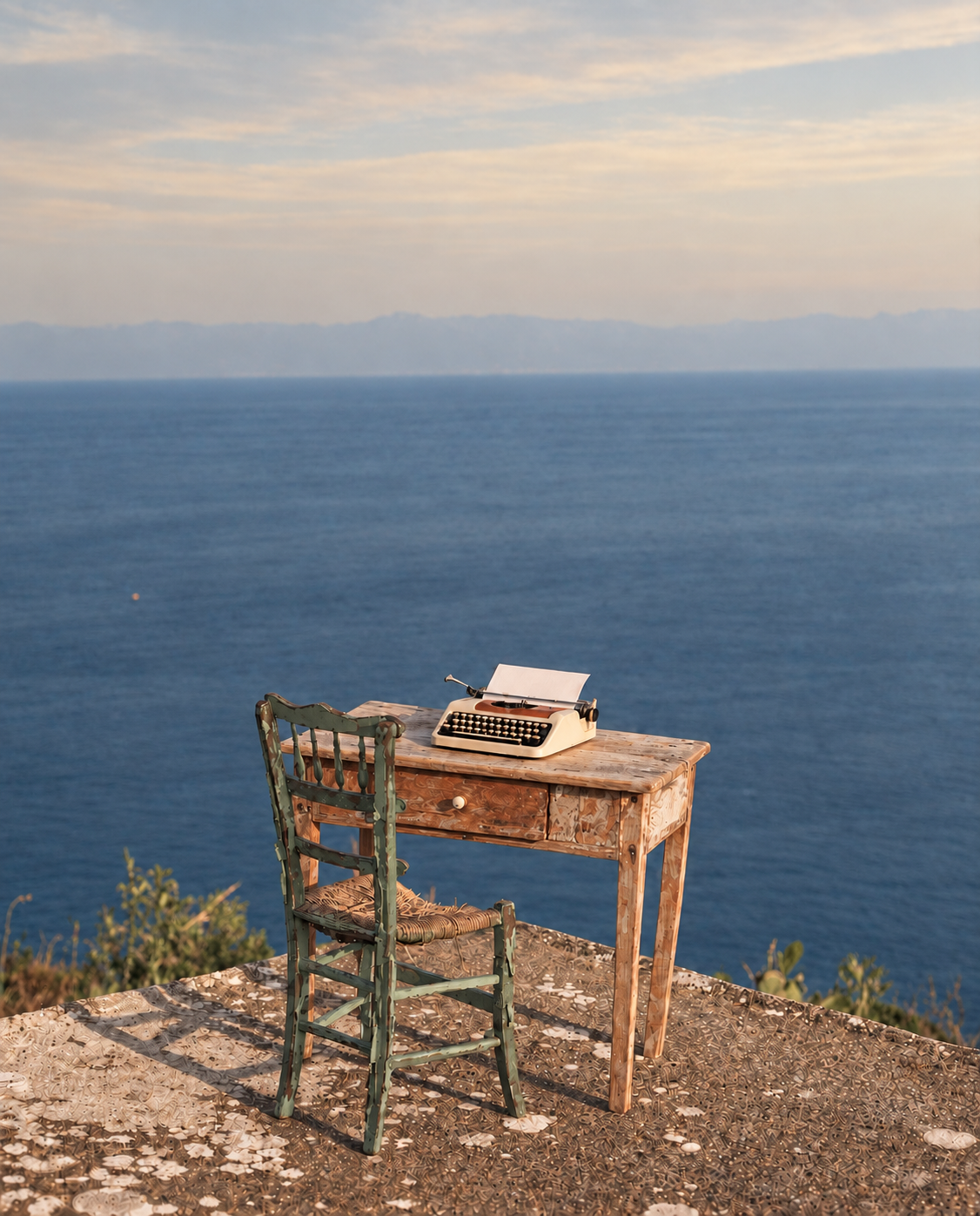 Typewriter and writing table beside a quiet sea