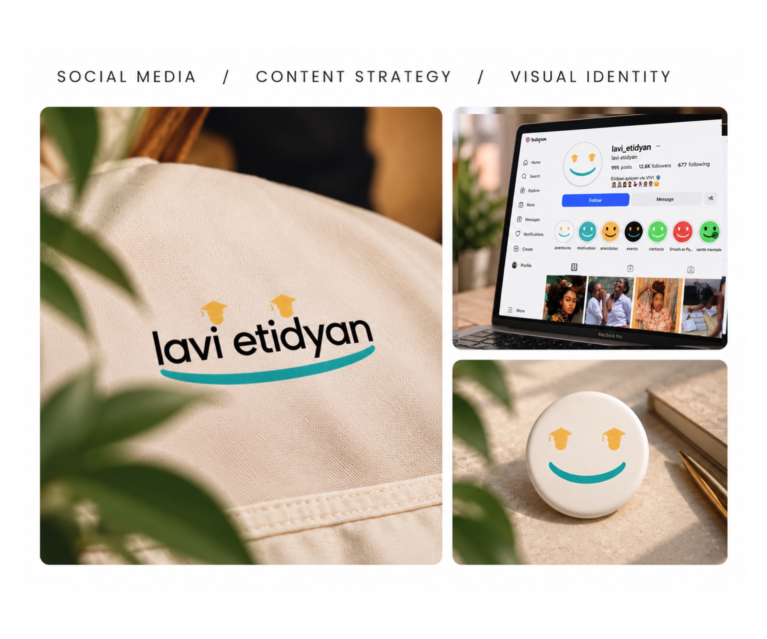 Lavi Etidyan shirt, Instagram laptop, and smiley badge