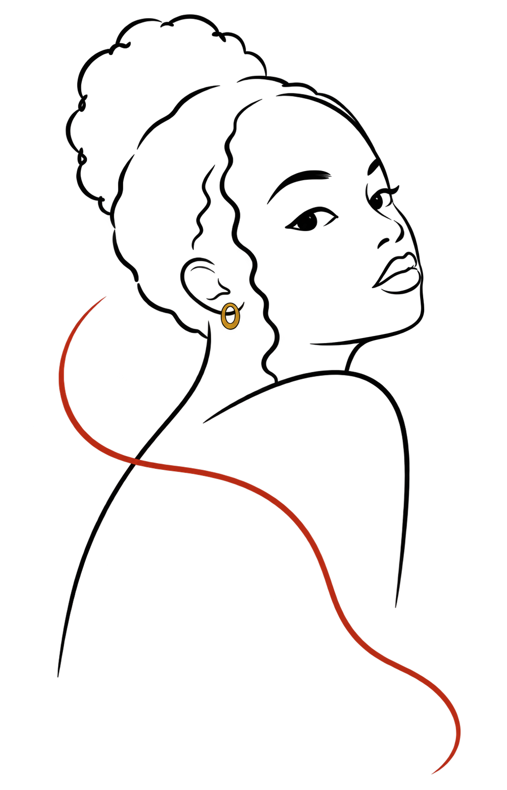Minimal line portrait looking back over her shoulder with a flowing terracotta line