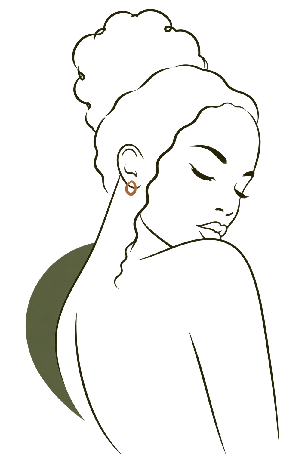Minimal line portrait looking over her shoulder with an olive shape